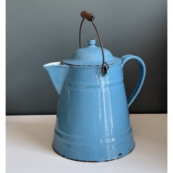 Extra Large‎ Enamelware Antique Coffee Pot Wooden Handle Robin Egg Blue C1